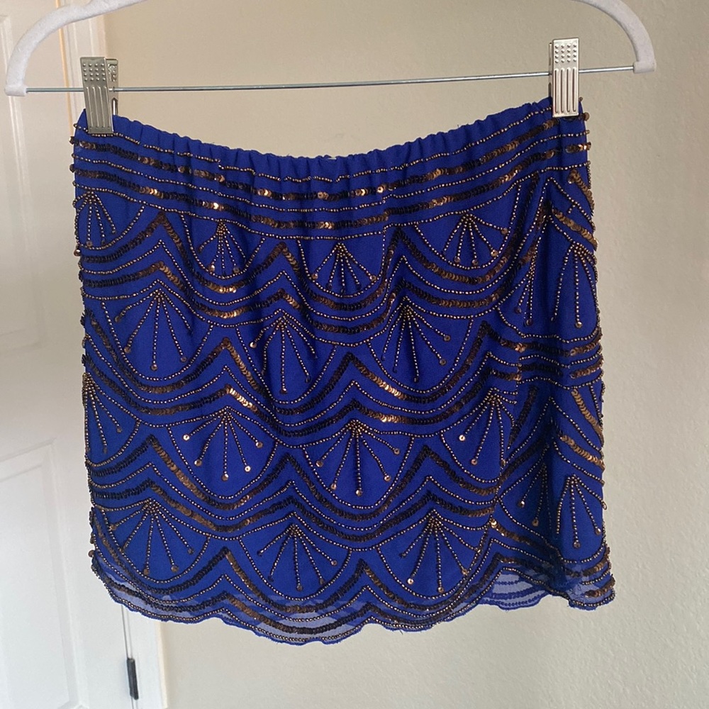 NWT Hazel Brand - Blue Scalloped Skirt with Copper Beading - Size Small